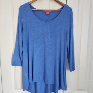 Sunny Leigh Blue High Low Tunic Top 3/4 Sleeve Rayon Stretch Medium